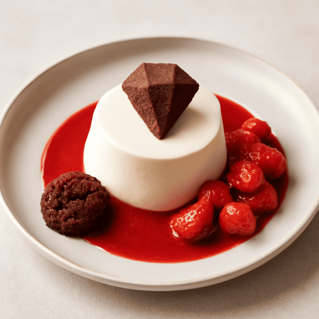 Bavarese di philadelphia e cioccolato bianco con diamantino al cacao e coulis di fragole
