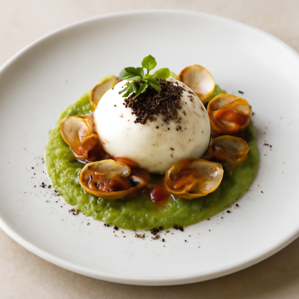 Albume sodo con crema di zucchine, vongole piccanti e polvere di olive nere