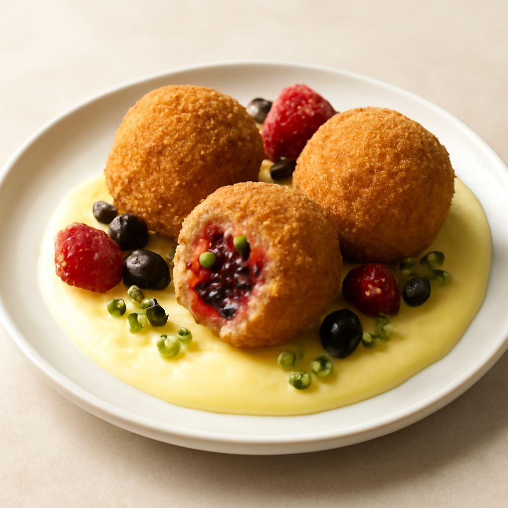 Arancine ai frutti di bosco e pistacchio su crema al limoncello