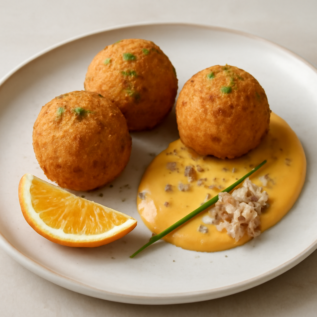 arancini di arista di maiale con crema di arancio