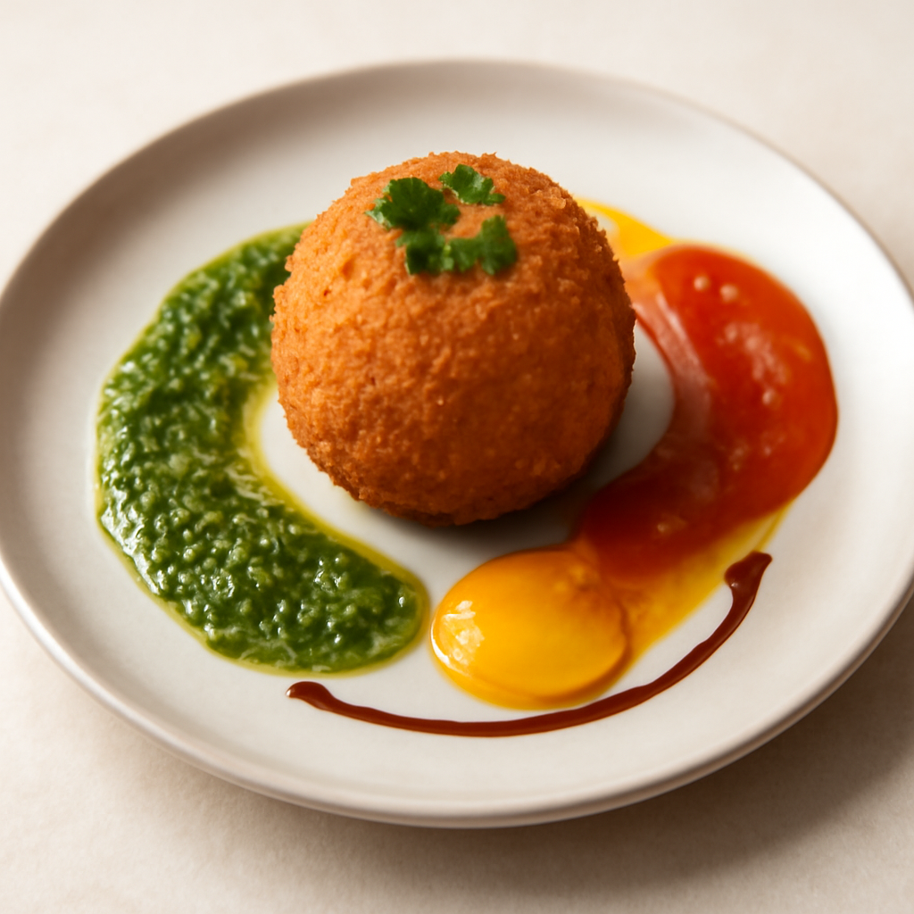 Arancino all’umbra con salsa verde, salsa al peperone giallo e rosso e riduzione di aceto balsamico