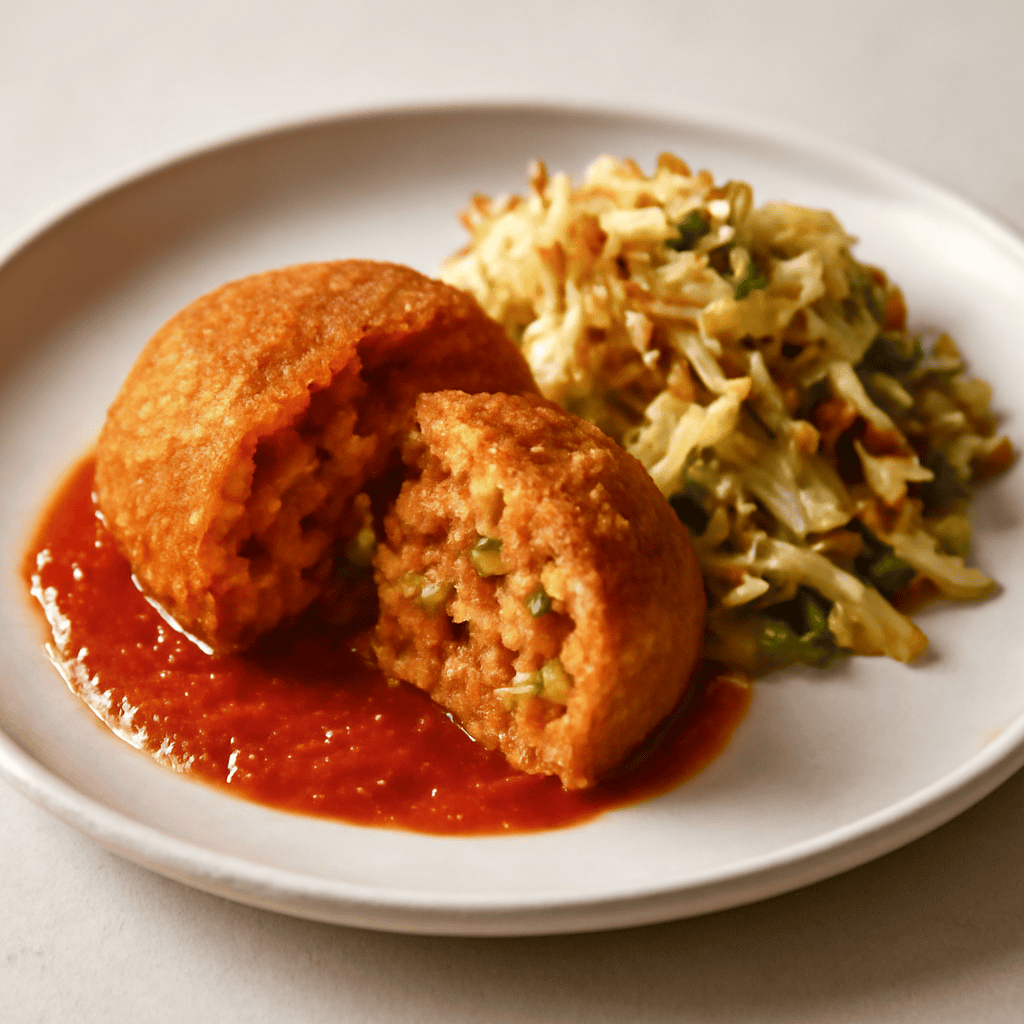 Arancino di cous cous alla messinese con cavolo cappuccio croccante