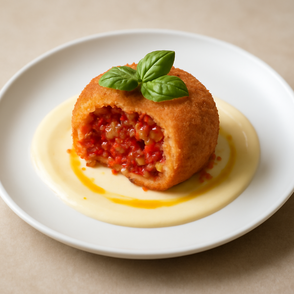 Arancino di riso all’amatriciana su vellutata di Mornay e Confit