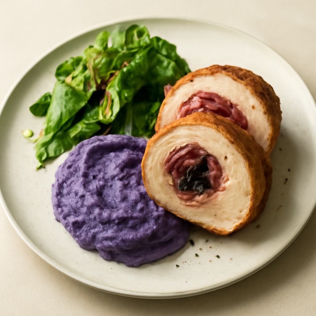 Arrosto di arista di maiale ripiena di speck Alto Adige IGP e bieta rossa su purè di patate viola e insalata croccante