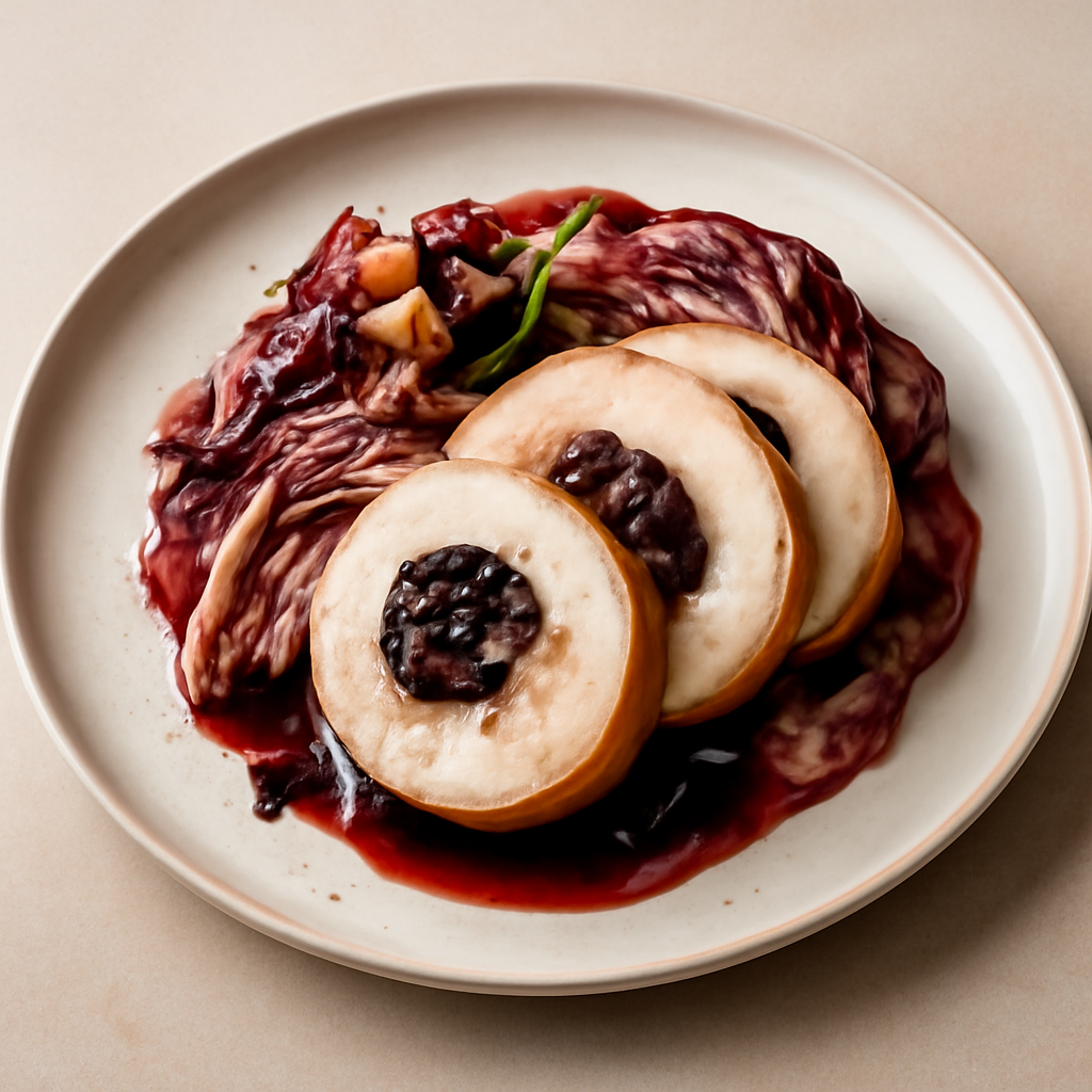 ARROTOLATO DI TACCHINO ALLE PRUGNE GLASSATE CON RADICCHIO E PANCETTA