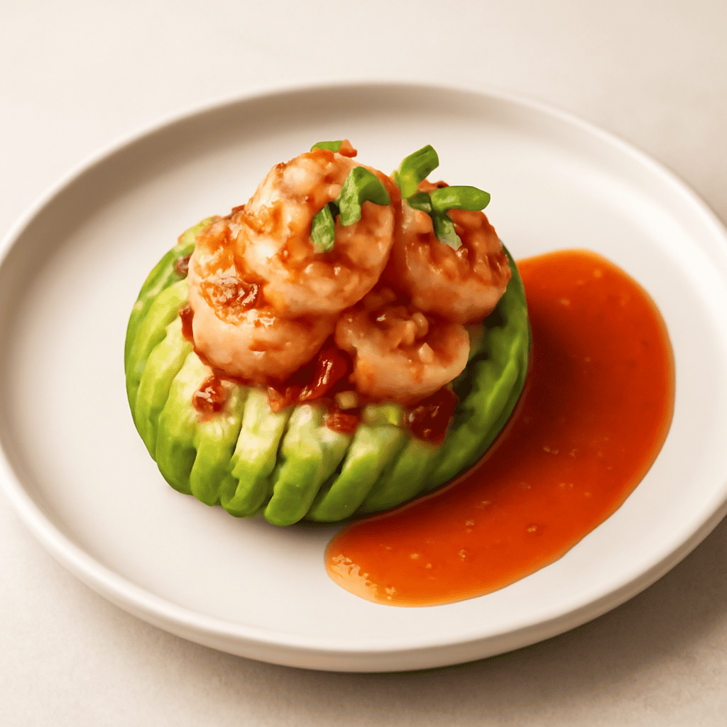 Avocado con Gamberetti Marinati e Salsa Piccante