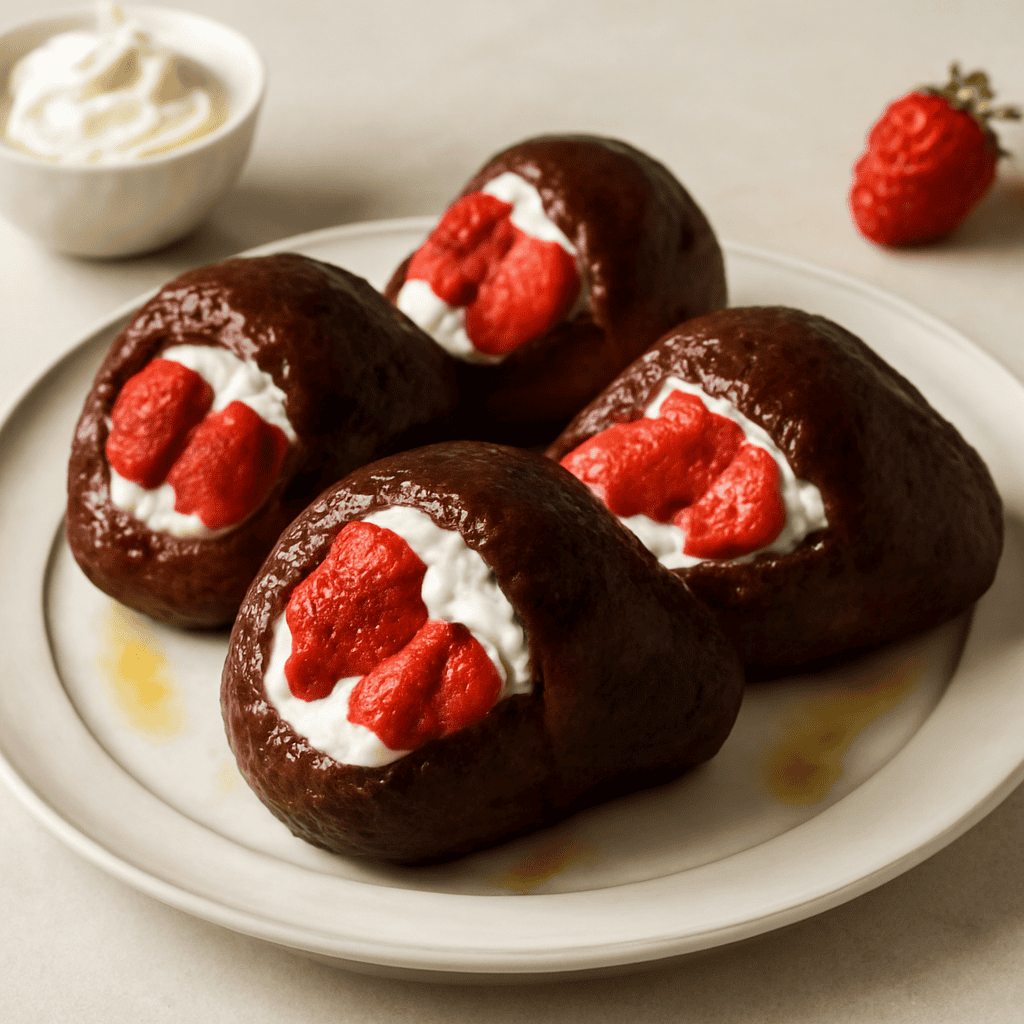Babà al cacao farciti con panna e fragole