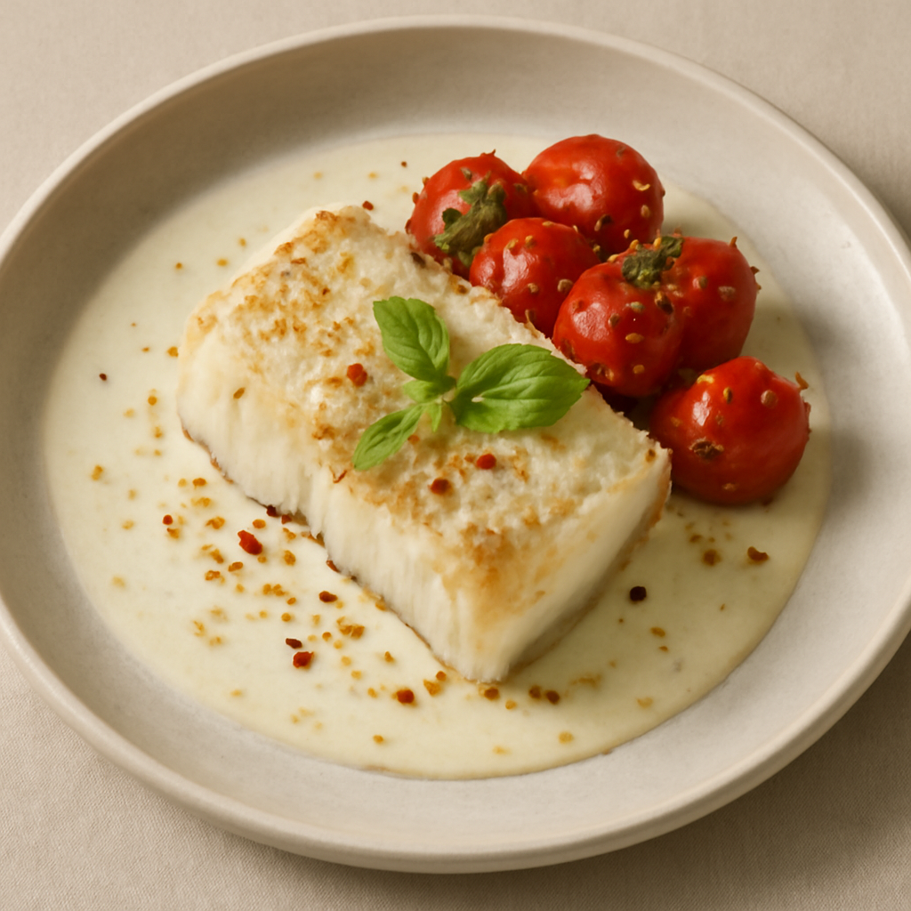 Baccalà con pomodorini confit e latte alle nocciole
