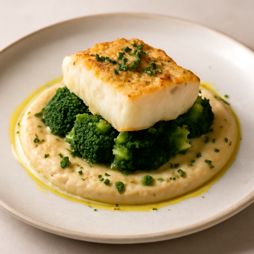 Baccalà in oliocottura su mallone di broccoli e crema di ceci aromatizzata al prezzemolo