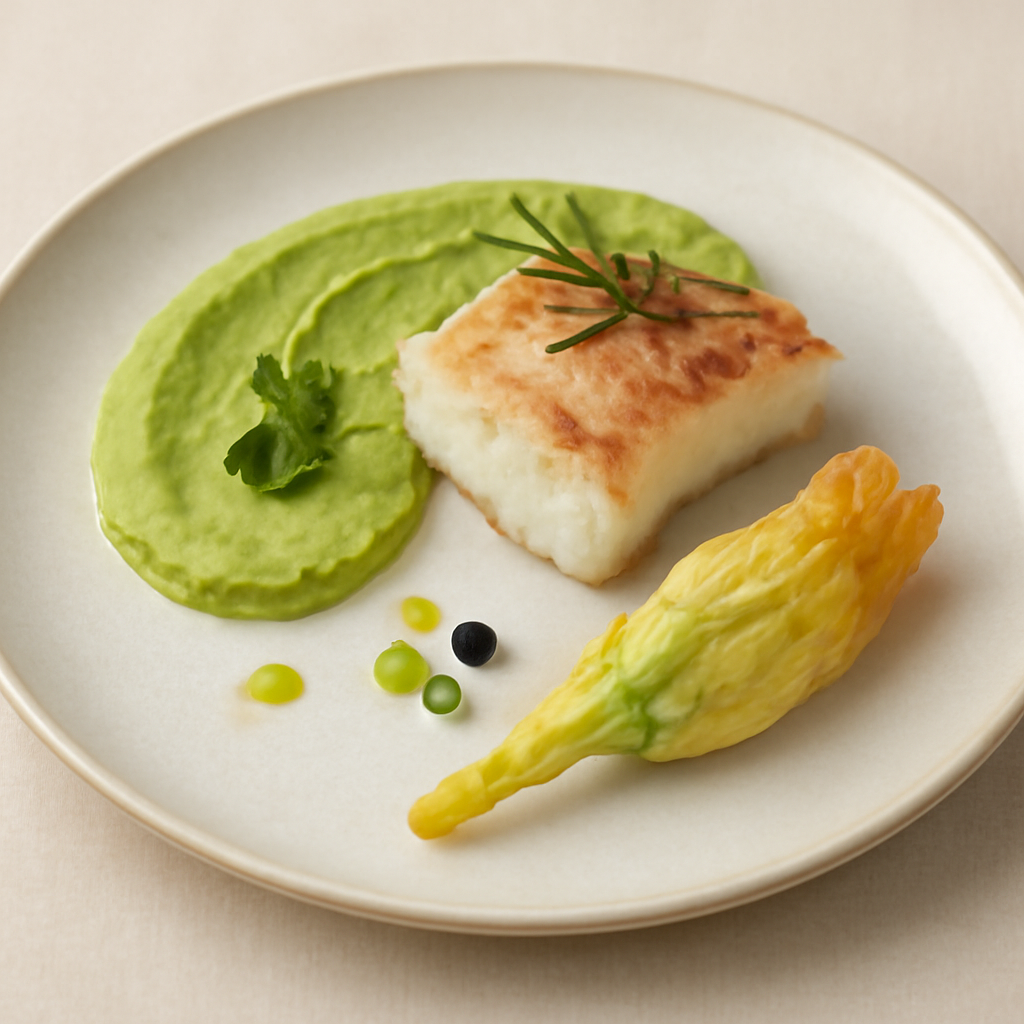 Baccalà in oliocottura,crema di zucchina alla menta,fiore di zucca in pastella