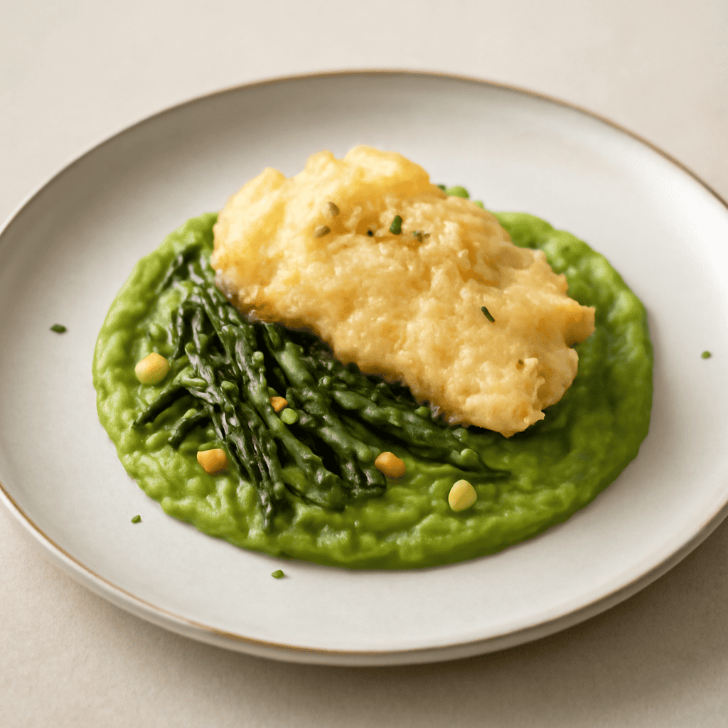 Baccalà in Tempura con crema di Asparagi