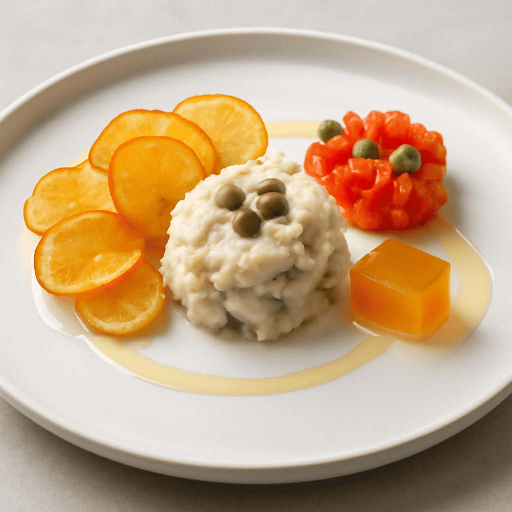 BACCALA MANTECATO CON CHIPS DI PATATE ,TARTARE DI POMODORO E BASILICO E GELEE D’ARANCIA