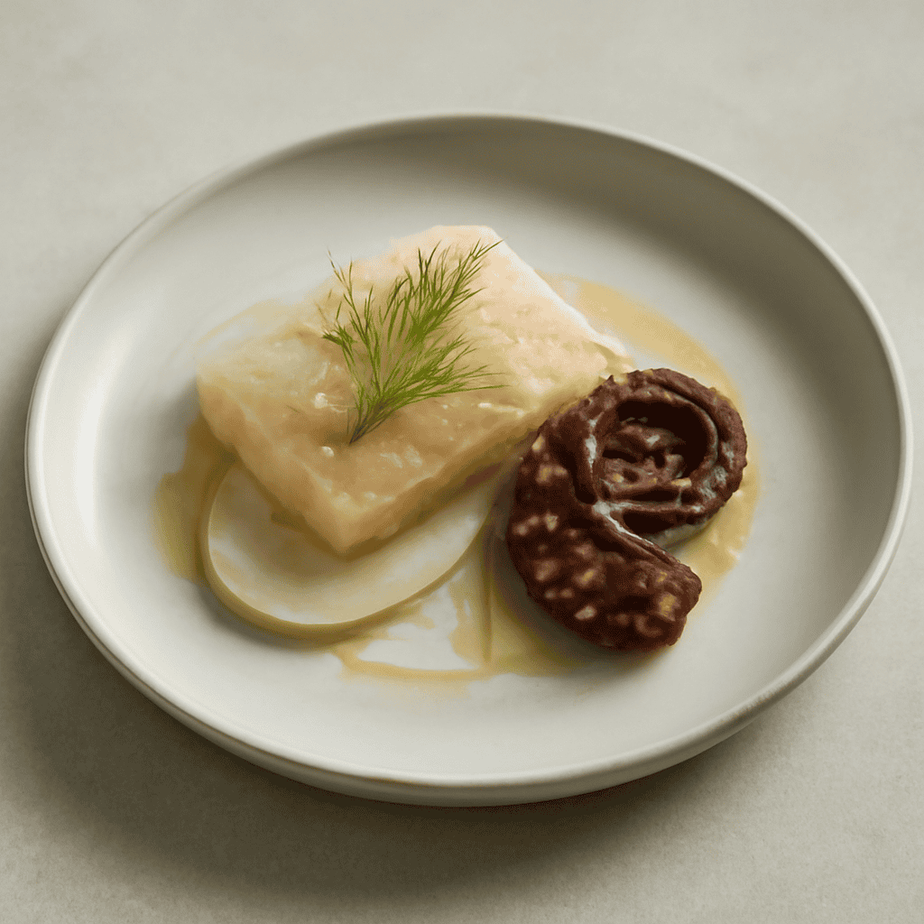 Baccalà marinato con olio sale e pepe bianco, cotto a 65°