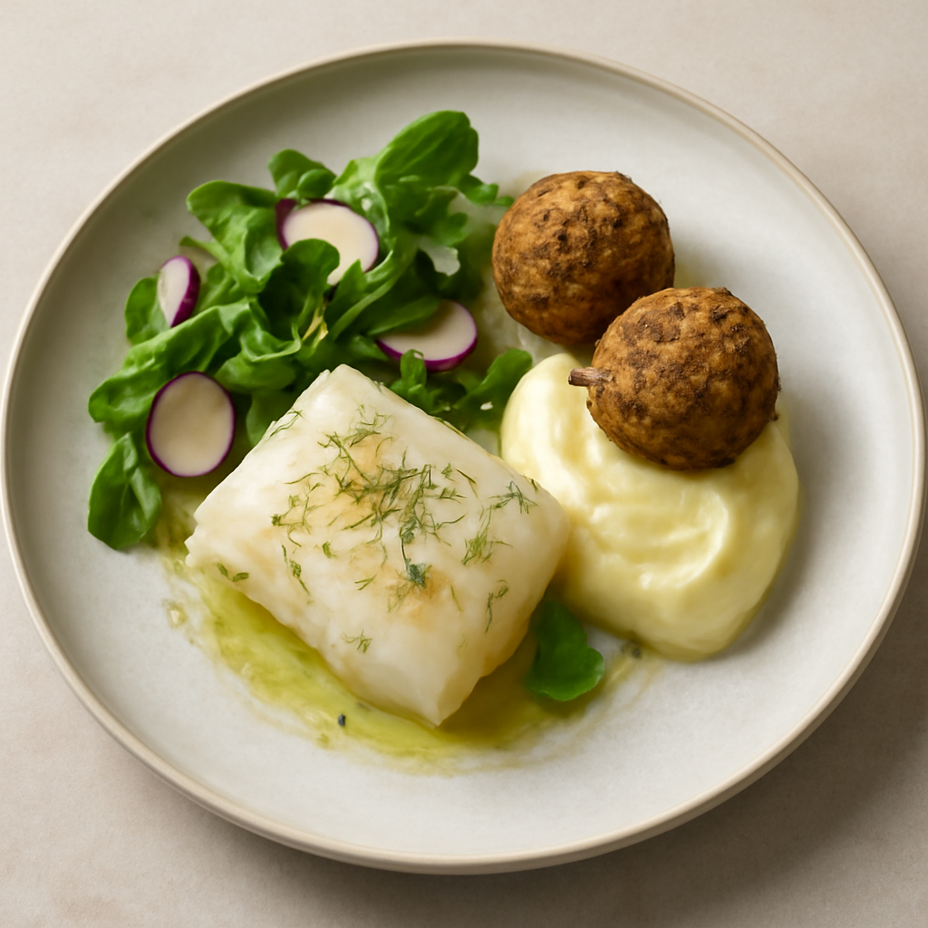Baccalà marinato sottovuoto a bassa temperatura su insalatina feesca di valeriana e ravanelli polpettine di melanzana e crema di patate