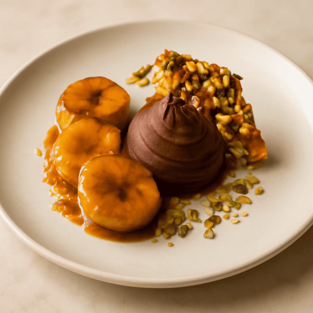 Banane caramellate e mousse al cioccolato fondente