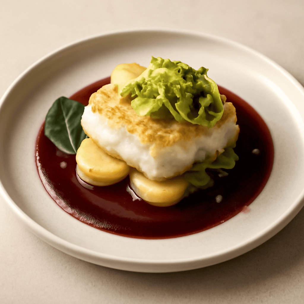 Bauletto di baccalà e patate, su salsa al vino rosso speziato e porri stufati.