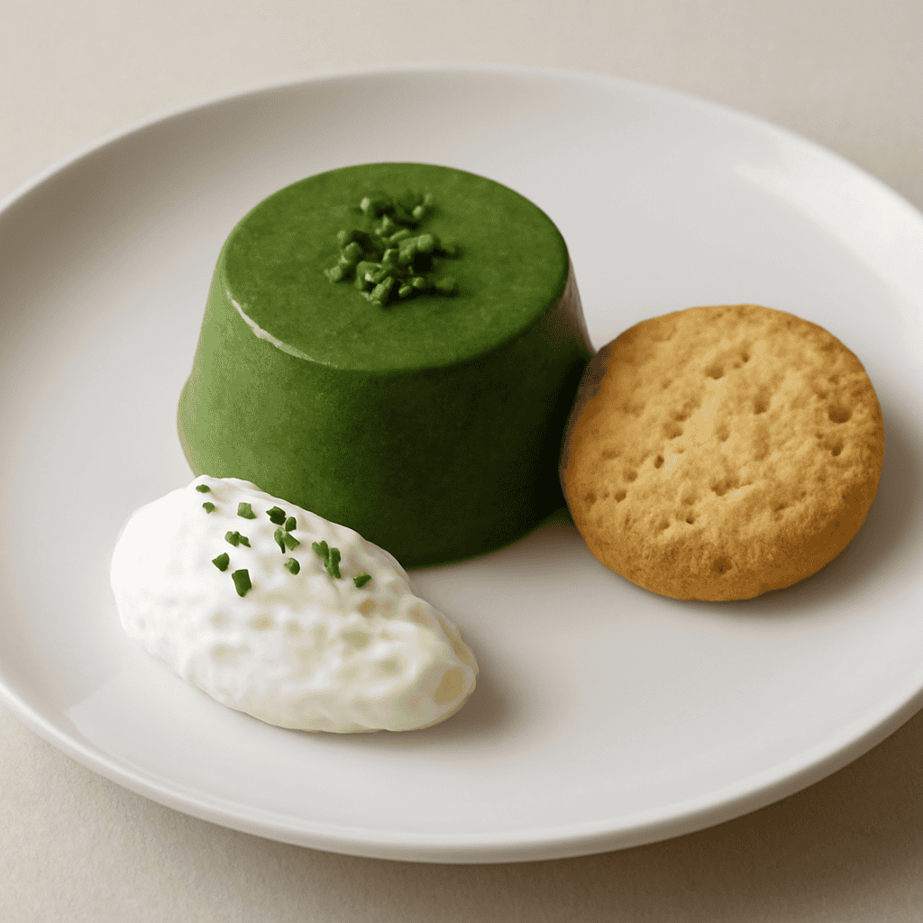 Bavarese agli spinaci,con frollino alle mandorle e mousse di ricotta.