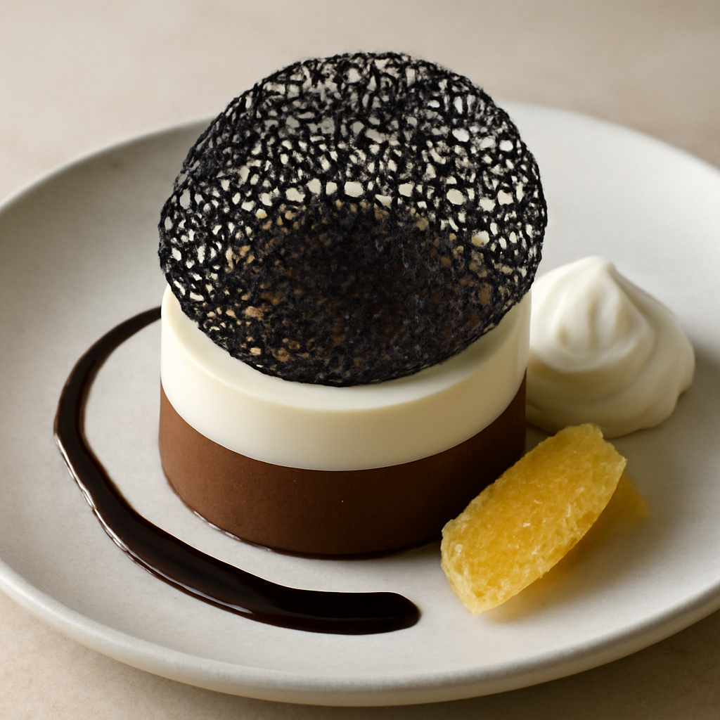 Bavarese ai 2 cioccolati, cialda nera e zenzero semi candito