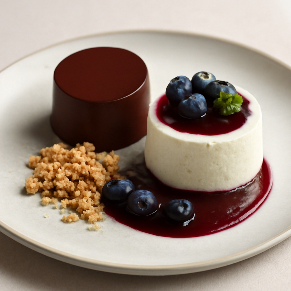 BAVARESE AL CIOCCOLATO FONDENTE E MOUSSE AL FORMAGGIO E MIRTILLI CON CRUMBLE E COULIS AI MIRTILLI