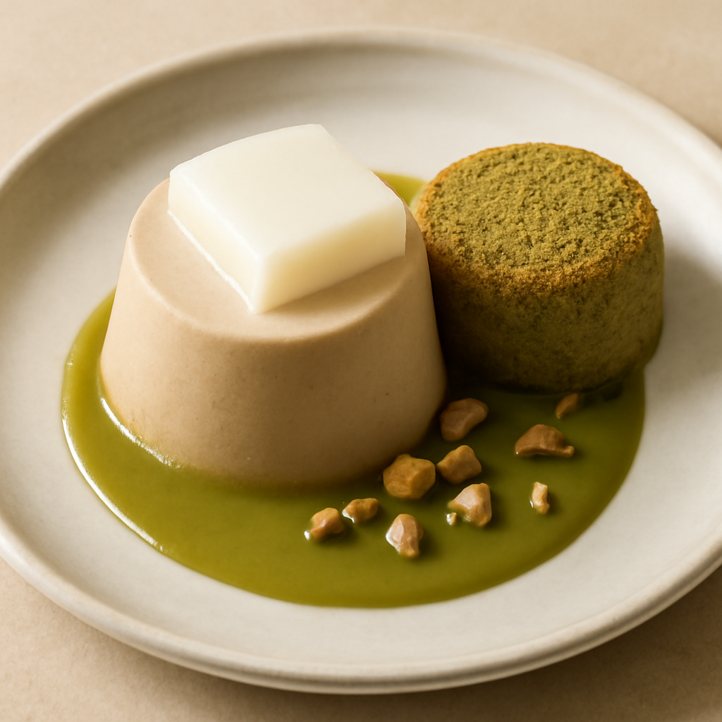 Bavarese alla nocciola con gelatina al cocco e salsa al pistacchio e rum