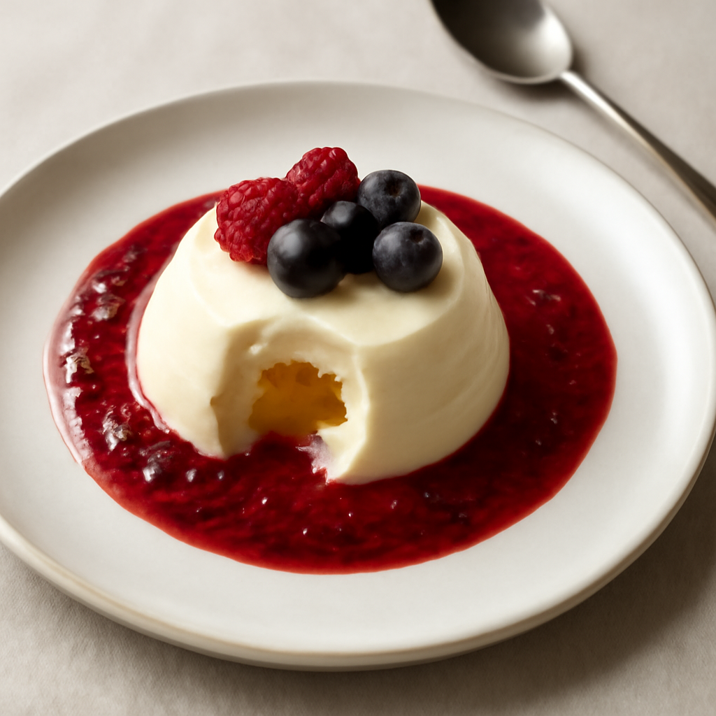 Bavarese alla vaniglia con cuore di palet di mango e coulis di frutti di bosco