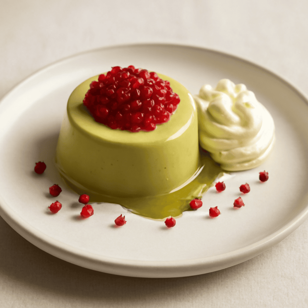 bavarese pepe rosa e pistacchio con caviale di melograno