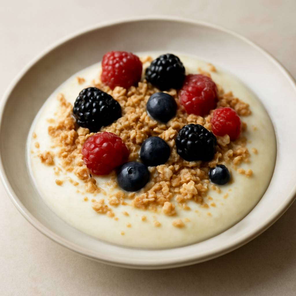Biancomangiare ai frutti di bosco e mandorle con crumble di meringa