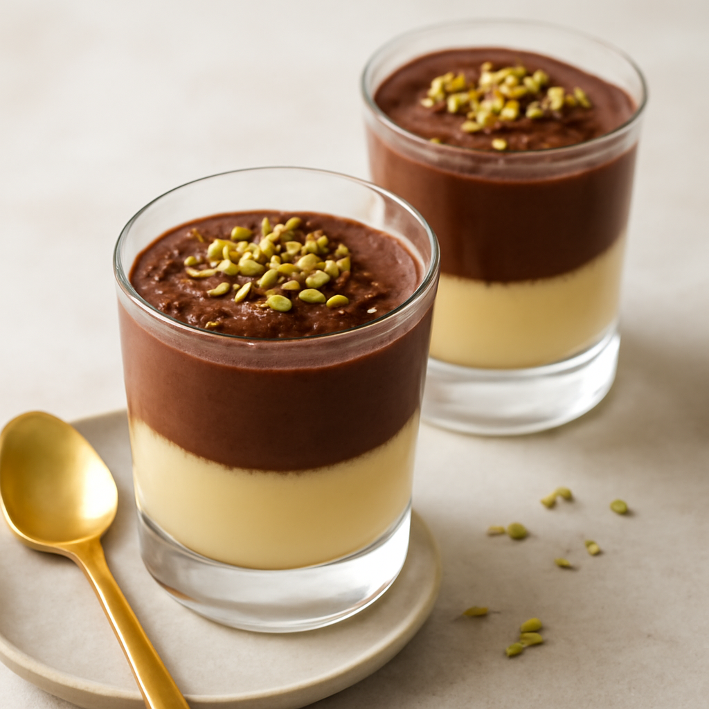 Bicchierini Crema pasticcera e mousse cioccolato con granella di pistacchio