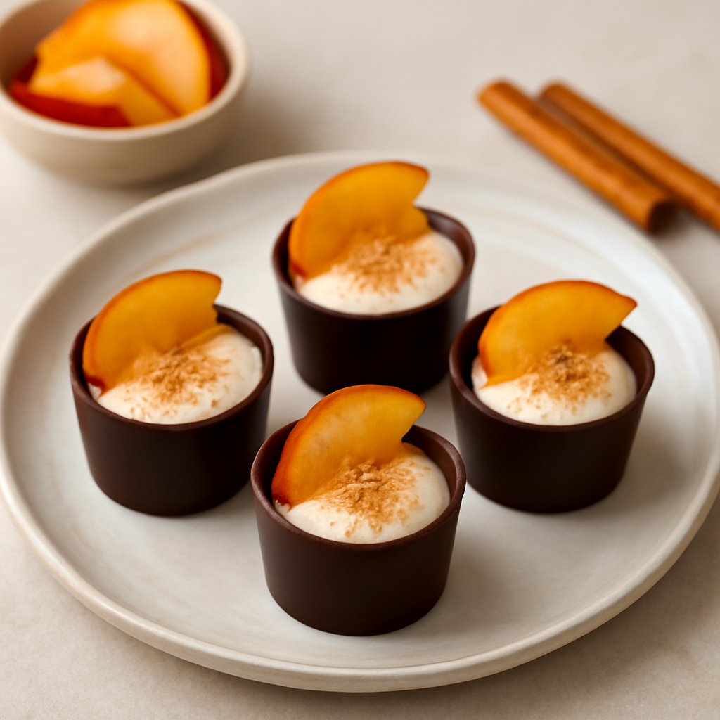 Bicchierini di cioccolato alla pesca e cannella.