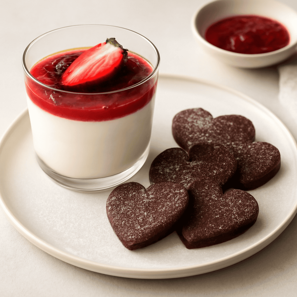 Bicchierini di yogurt greco,confettura di fragole e cuoricini di cacao