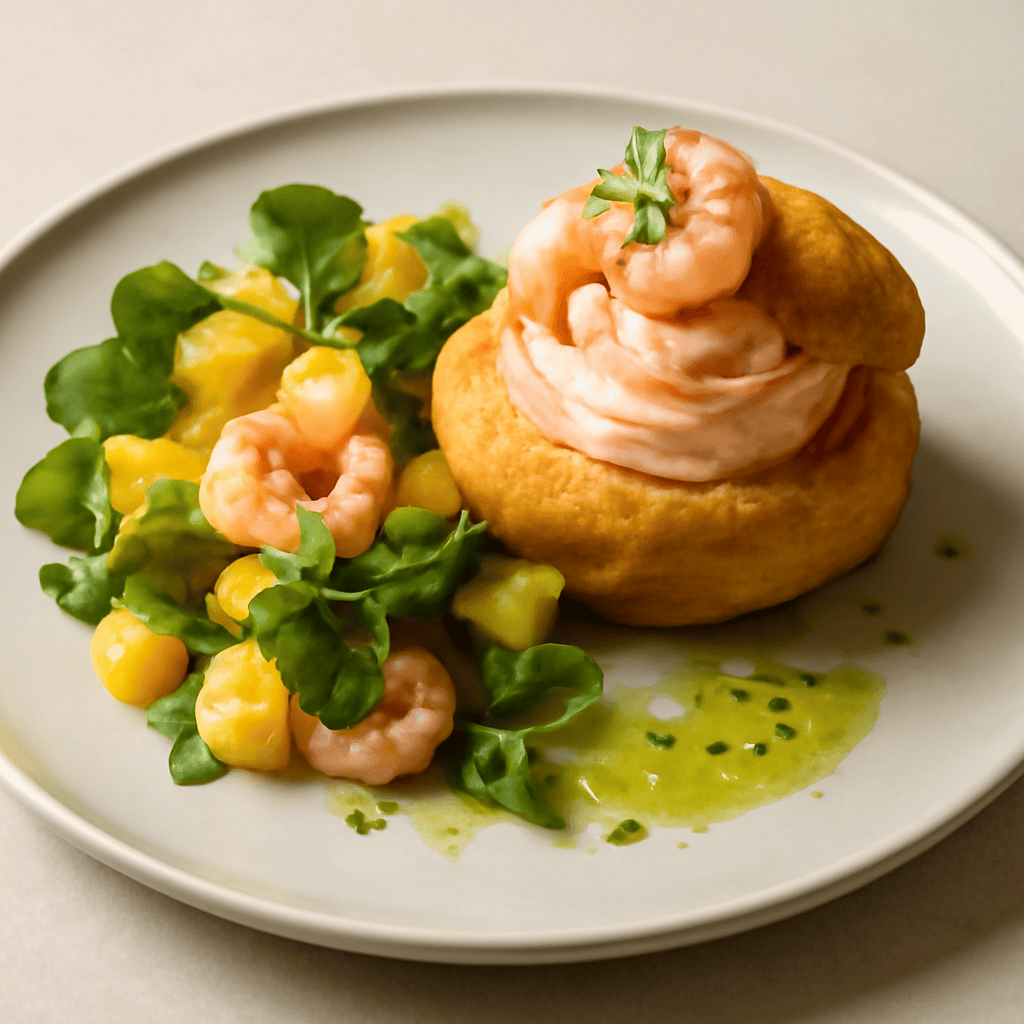 BIGNE’ AL PROFUMO DI GAMBERI CON MOUSSE DI SALMONE AFFUMICATO, INSALATA DI GAMBERI E MANGO E SUCCO DI KIWI