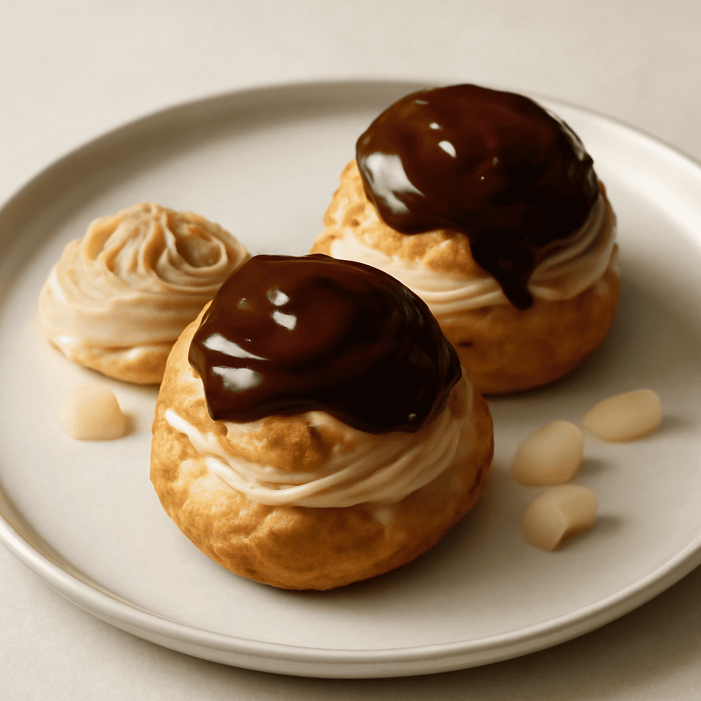 Bignè con crema alla cannella e ganache alla pera