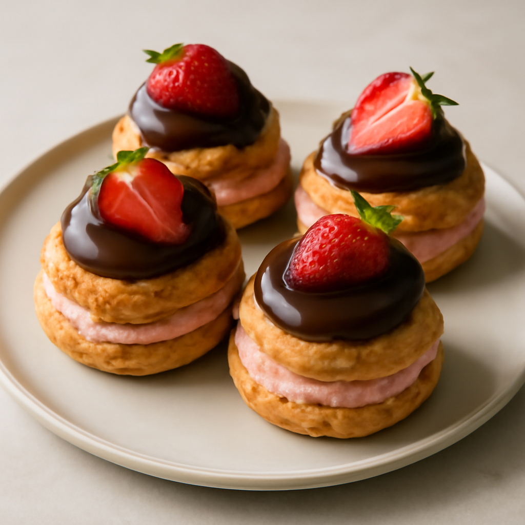 bignè con crema alla fragola e ganache al cioccolato