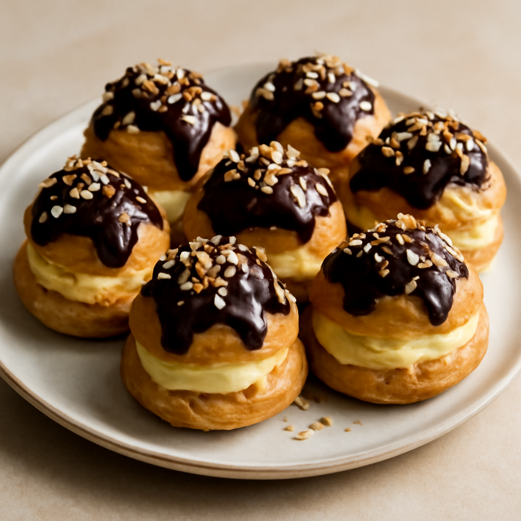Bignè con crema allo zabaione, cioccolato fondente e granella di nocciole