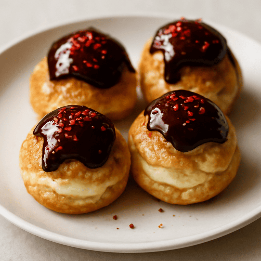Bignè con crema pasticciera e cioccolato fondente al peperoncino