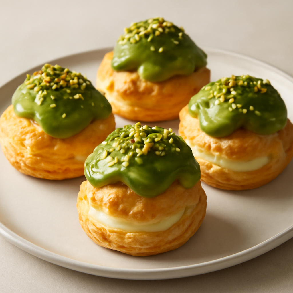 Bignè con cremoso al cioccolato bianco ricoperto con ganache al pistacchio