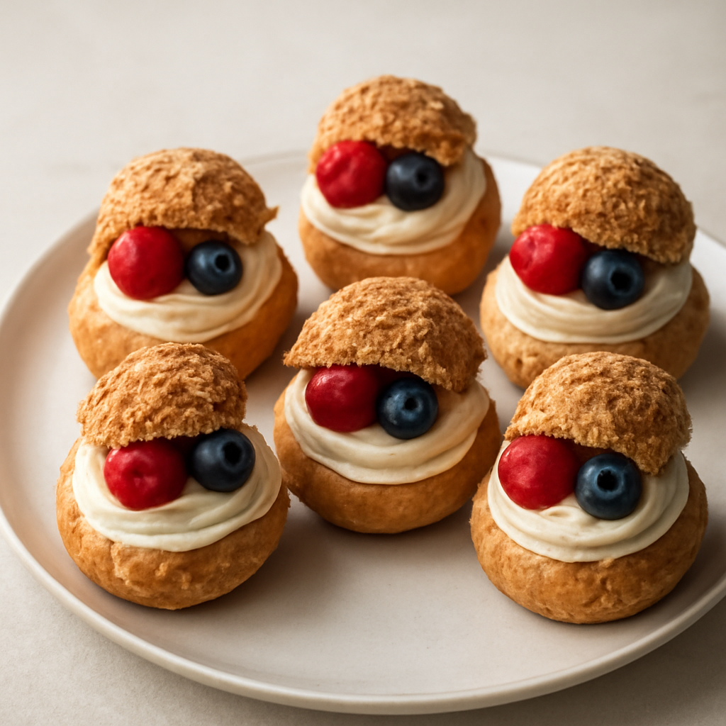 Bignè Craquelin ripieni di crema Chantilly, lamponi e mirtilli freschi
