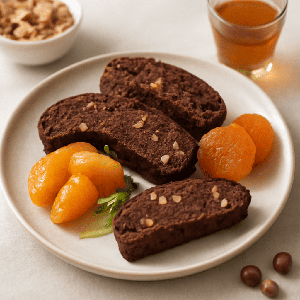 biscotti al cioccolato e nocciole con albicocca, pesche e liquore alle erbe