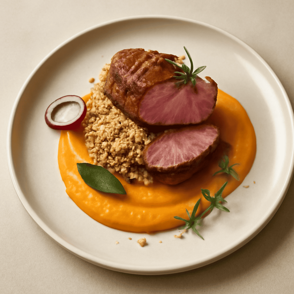 BOCCONCINI DI AGNELLO E QUINOA AL RUM CON CREMA DI ZUCCA