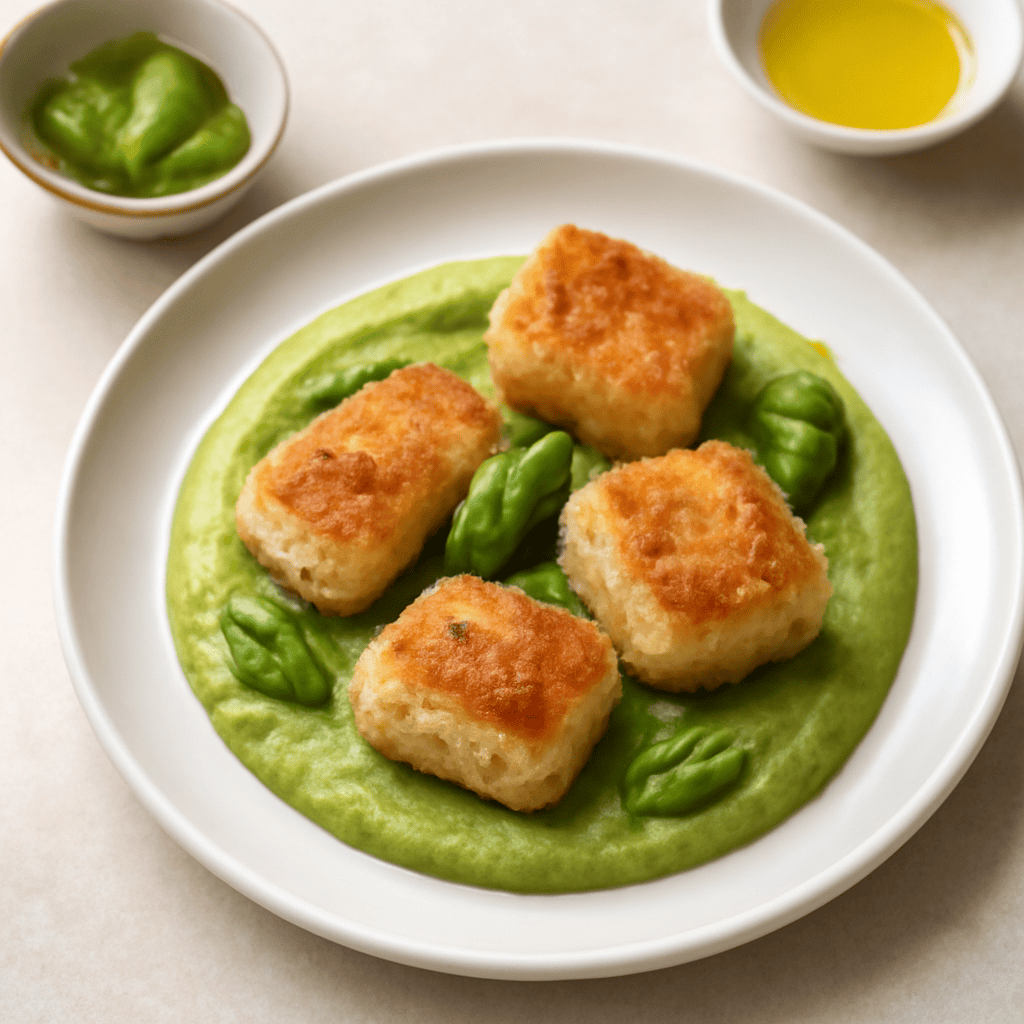 Bocconcini di merluzzo al basilico con crema di zucchine