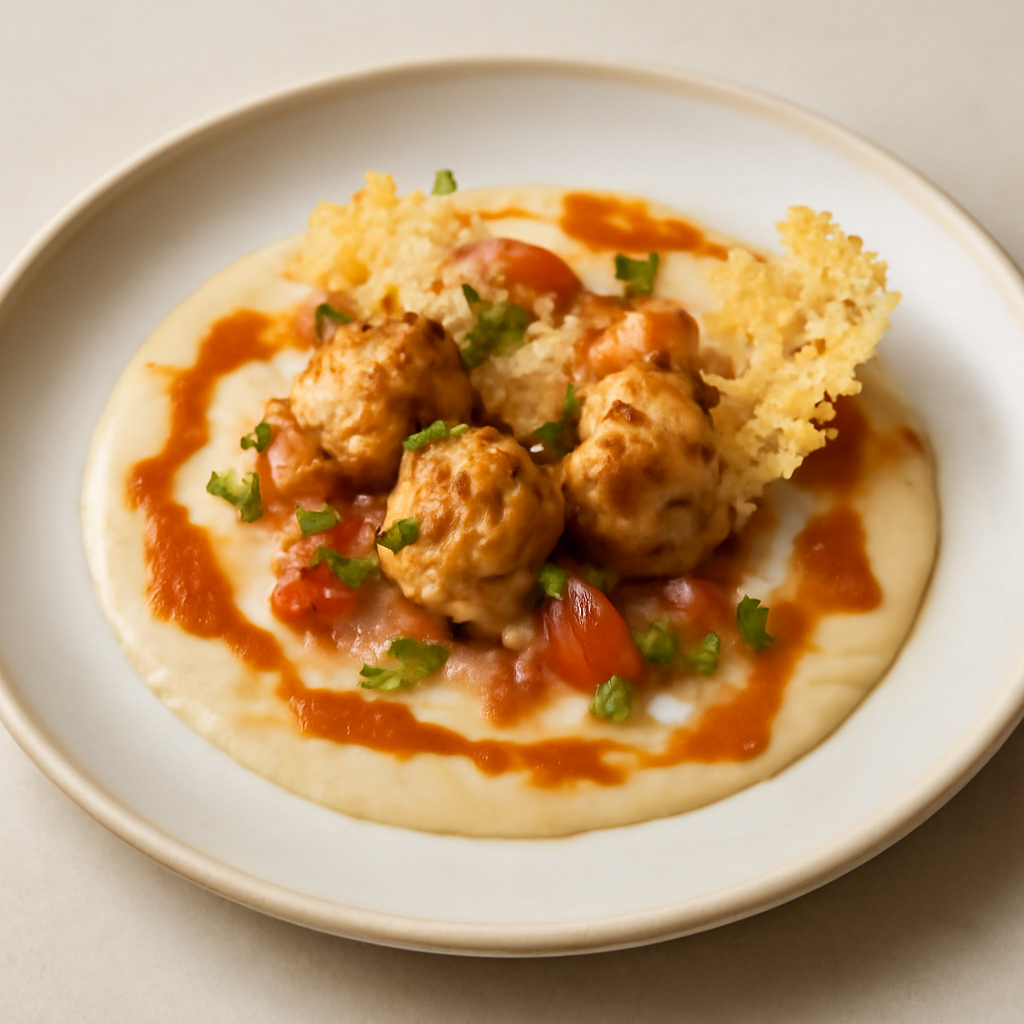 Bocconcini di pollo con erba cipollina su crema di cipolla pomodori concassè e salsa alla paprika affumicata con mini cialde al parmigiano