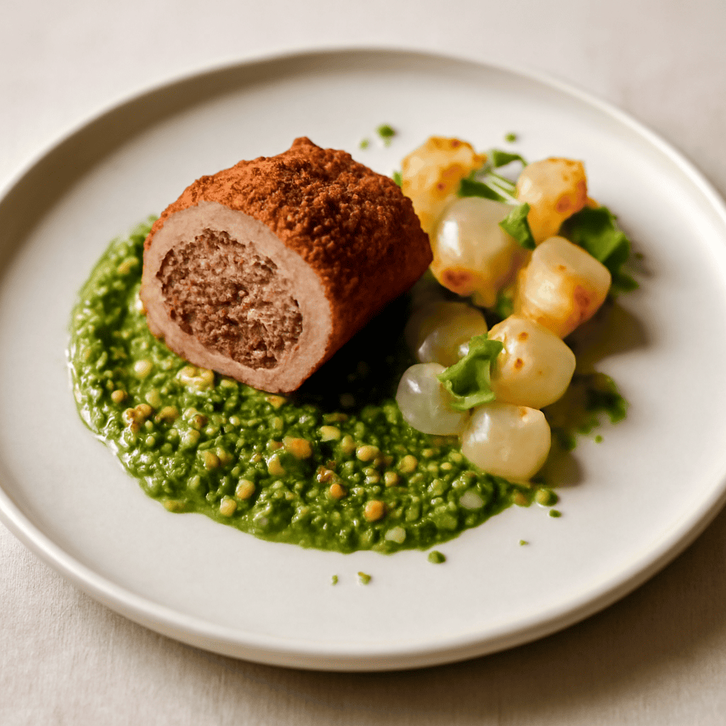 Braciole a Missinisi su Pesto di Pistacchi di Bronte con Cipolline in Agrodolce