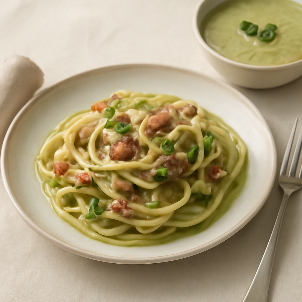 Bucatini e zucchine alla carbonara con vellutata di zucchine