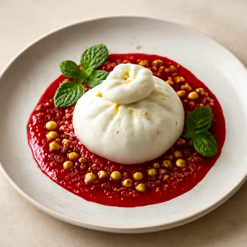 Burrata con coulis ai lamponi