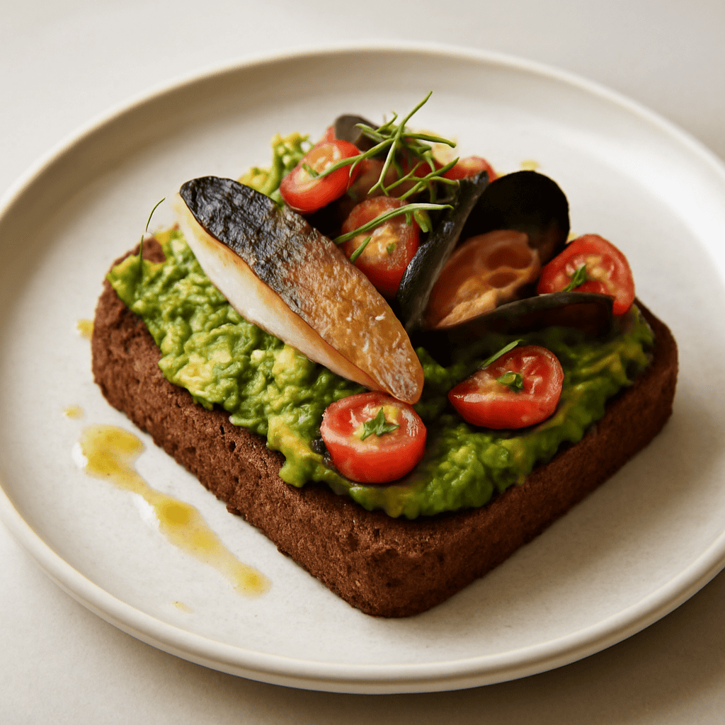 cake di segale ,guacamole e delizie di mare