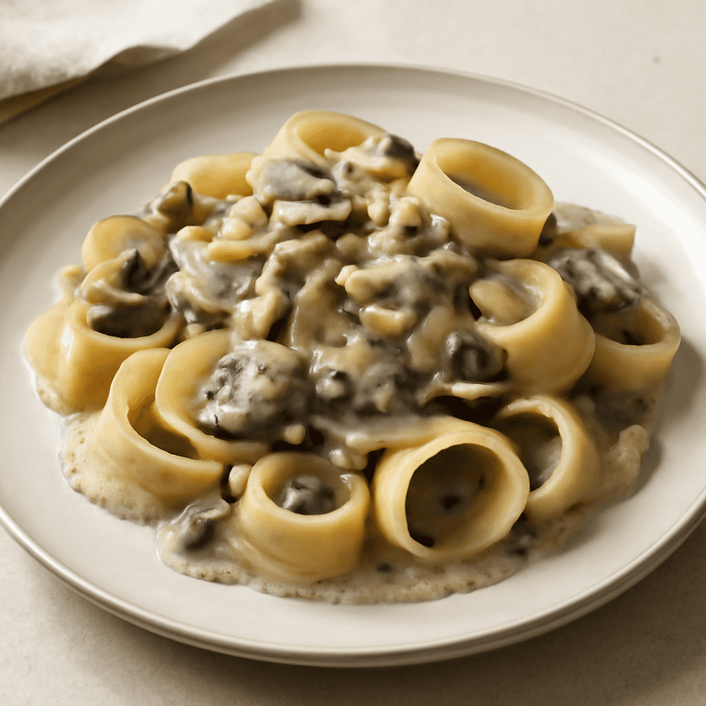 Calamarata con crema di funghi e pinoli