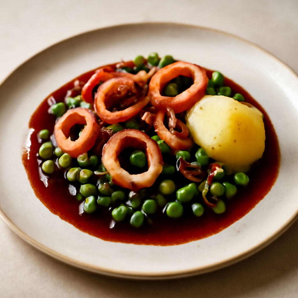 Calamaretto con piselli e patate con salsa al primitivo di manduria