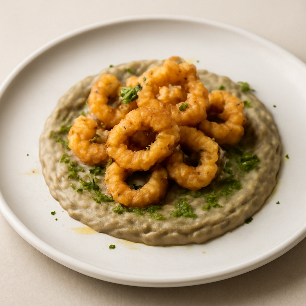 Calamaretto croccante su crema di melanzane