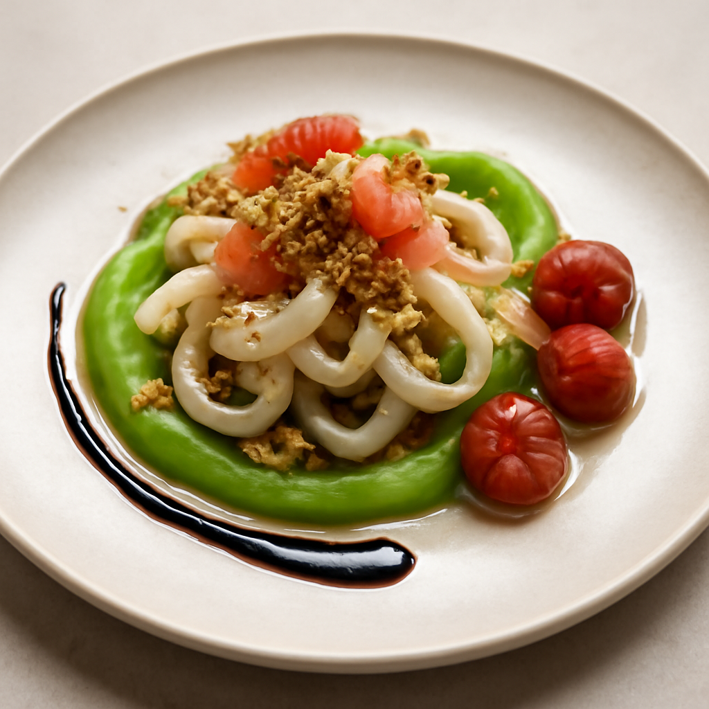 Calamari al pompelmo rosa con crumble di pistacchi crema di piselli pomodorini confit e riduzione di aceto balsamico