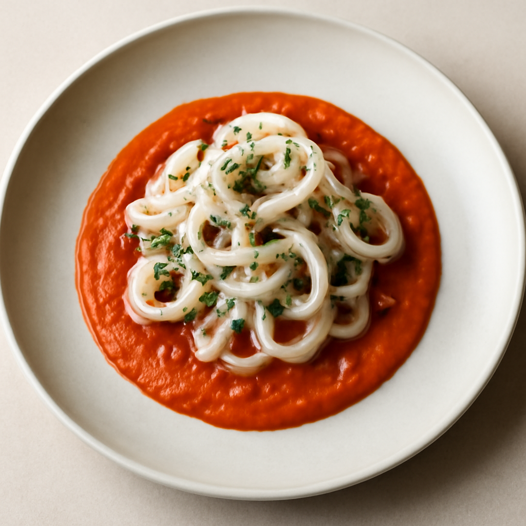 Calamaro marinato su crema di peperoni